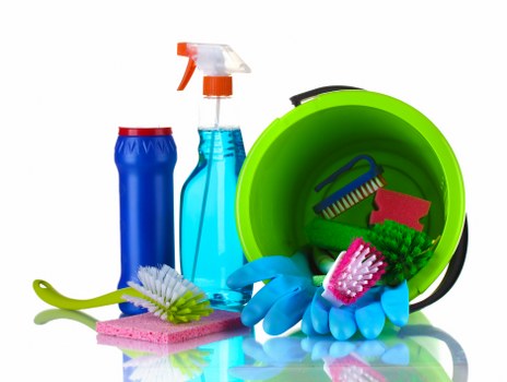 Deep cleaning supplies arranged for home cleaning tasks